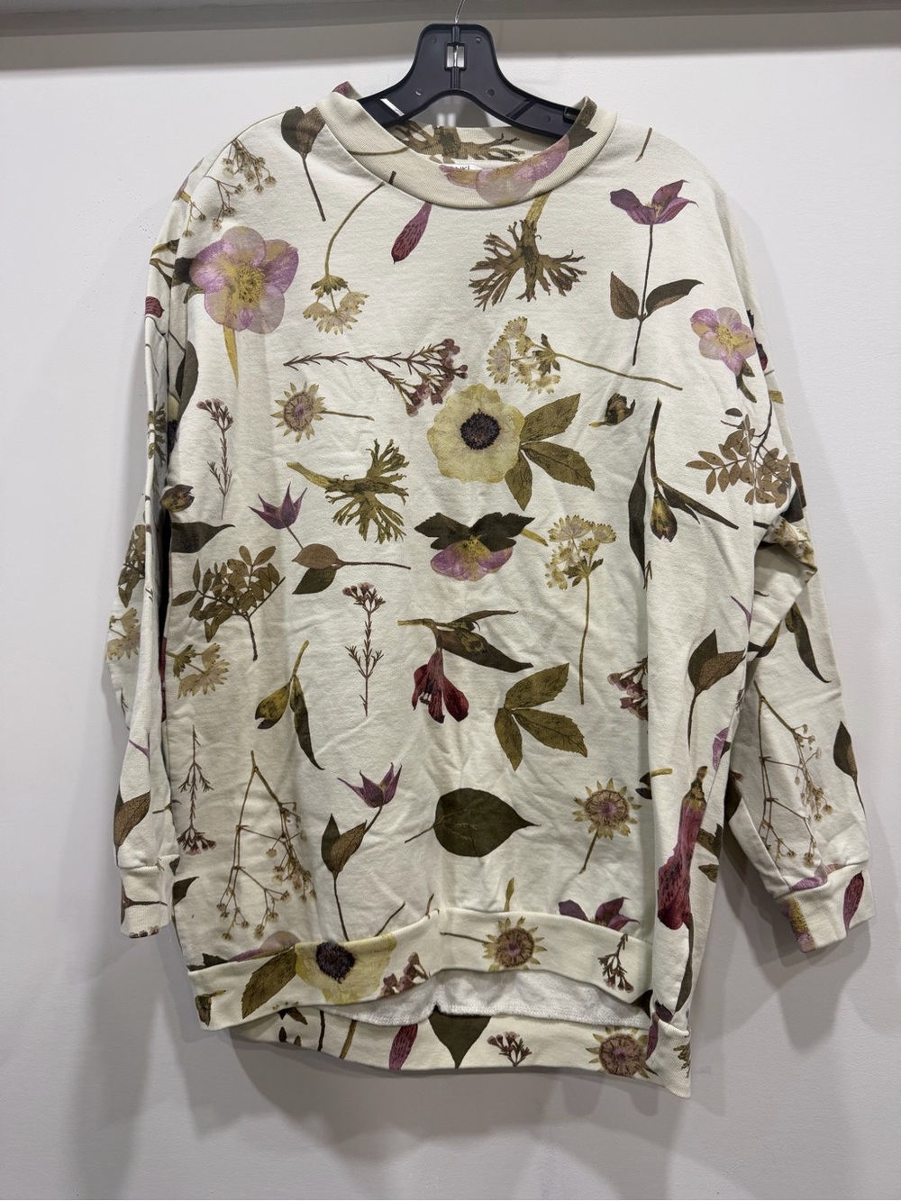 Monki Cream Crewneck Sweater with Green and Pink Floral Print